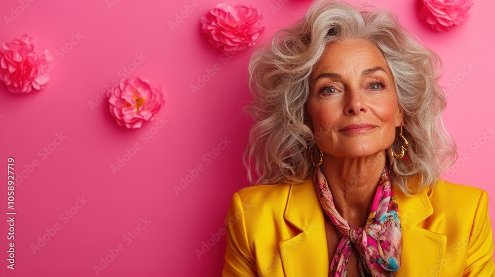 A gray-haired mature woman, dressed in a vibrant yellow, poses elegantly against a pink background decorated with paper flowers, exuding confidence and grace. A gray-haired mature woman, dressed in a vibrant yellow, poses elegantly against a pink background decorated with paper flowers, exuding confidence and grace.