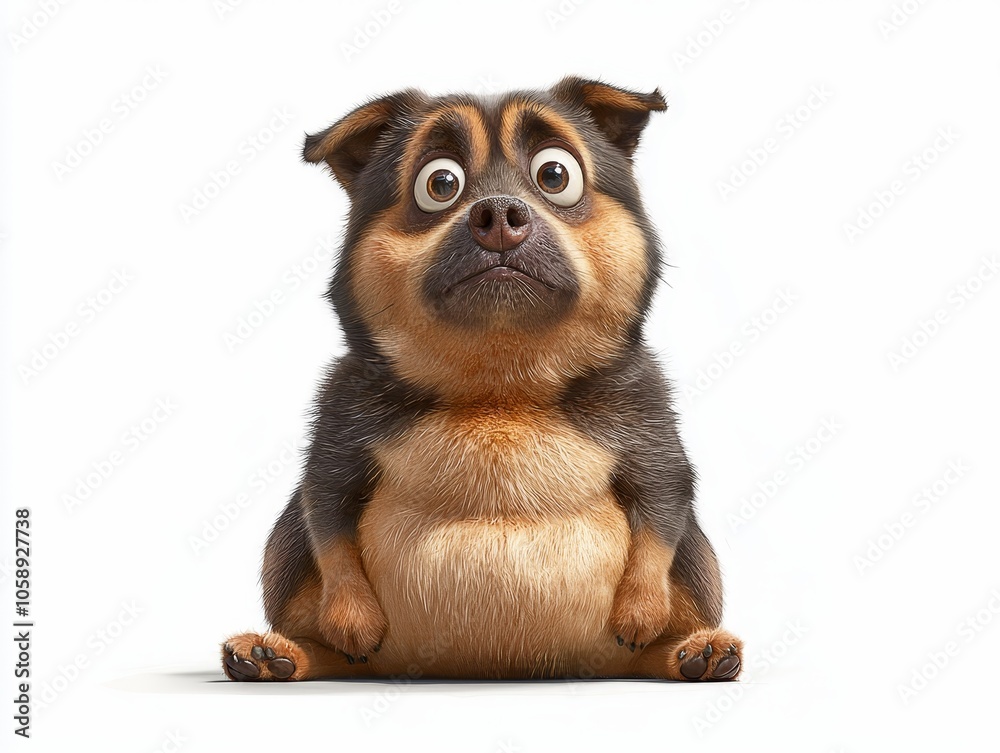 Pudgy Cartoon Dog with Big Round Eyes Sitting on White Background