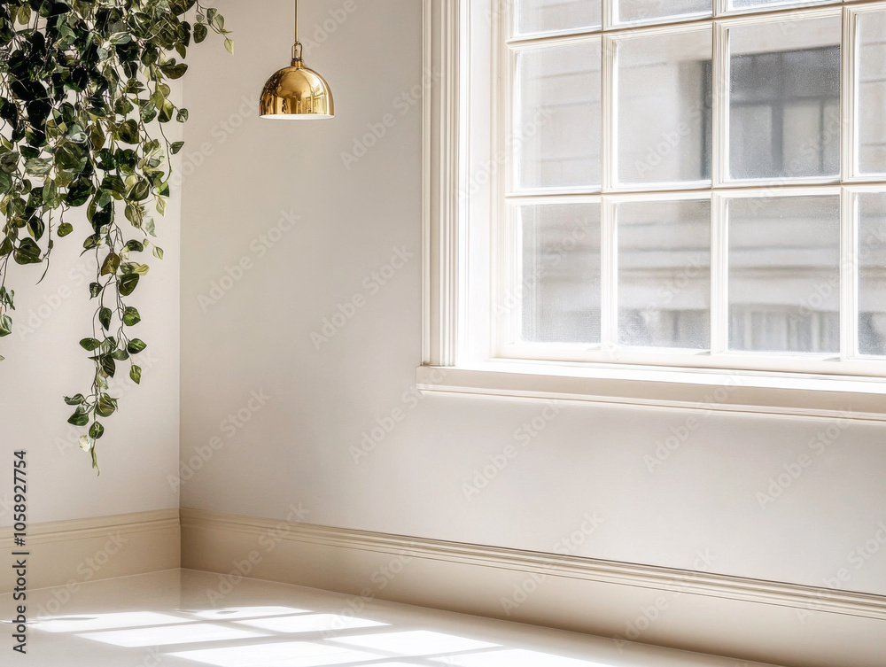 Bright and airy interior with green plants and golden light fixture by large window in modern space Bright and airy interior with green plants and golden light fixture by large window in modern space