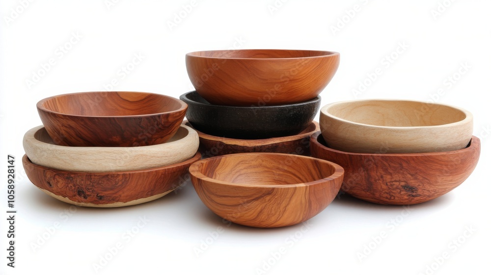 A collection of handcrafted wooden bowls displayed on a light surface in natural light A collection of handcrafted wooden bowls displayed on a light surface in natural light