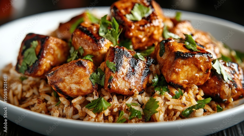 Delightful grilled chicken pieces are artfully arranged over a portion of rice, garnished with fresh herbs to provide a savory, appetizing culinary experience. Delightful grilled chicken pieces are artfully arranged over a portion of rice, garnished with fresh herbs to provide a savory, appetizing culinary experience.