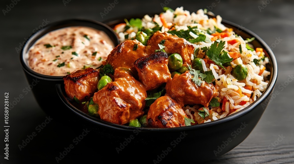 A harmonious blend of grilled chicken, peas, and rice in a black bowl, paired with a side of savory dipping sauce. Colors and textures appeal to the senses. A harmonious blend of grilled chicken, peas, and rice in a black bowl, paired with a side of savory dipping sauce. Colors and textures appeal to the senses.