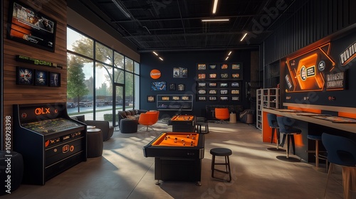 A Stunning Photo of a Vibrant Game Room with Modern Design Elements Ideal for Recreational Use and Interior Inspiration