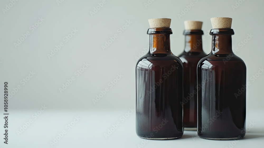 Three bottles containing a natural remedy for cold are isolated on a white background, ideal for displaying the natural remedy in a clean and minimalist style with ample copy space. Three bottles containing a natural remedy for cold are isolated on a white background, ideal for displaying the natural remedy in a clean and minimalist style with ample copy space.