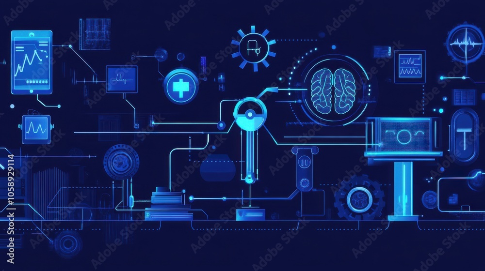 The concept of AI in Predictive Maintenance of Medical Equipment in dark blue and metallic silver colors The concept of AI in Predictive Maintenance of Medical Equipment in dark blue and metallic silver colors