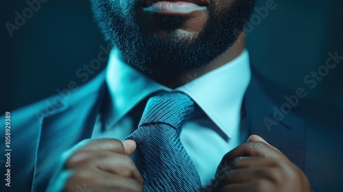 In a crisp suit, a man confidently adjusts his tie, embodying a sense of professionalism and poise, while the shot captures his sense of determination and focus. photo