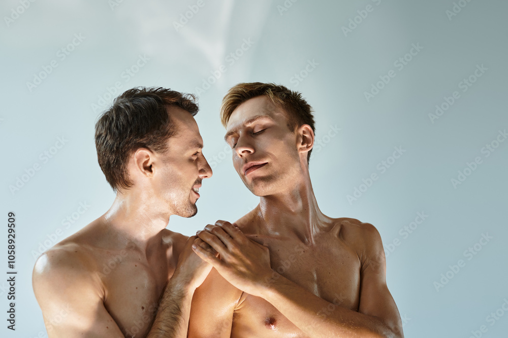 Two young men lean close, sharing an intimate gaze in a calm, ethereal atmosphere. Two young men lean close, sharing an intimate gaze in a calm, ethereal atmosphere.
