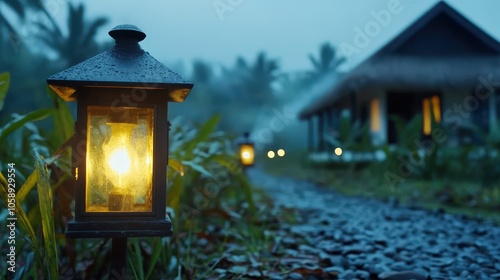 Mystical Foggy Village Path with Glowing Lanterns and Houses