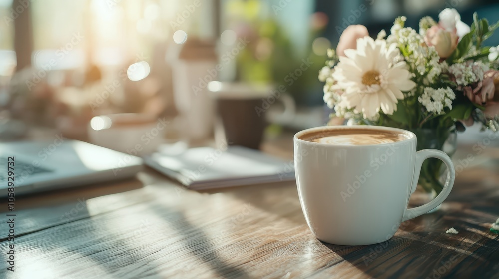 A serene coffee scene featuring a steaming mug on a wooden table bathed in warm morning sunlight, accompanied by flowers, evoking calm and introspection. A serene coffee scene featuring a steaming mug on a wooden table bathed in warm morning sunlight, accompanied by flowers, evoking calm and introspection.