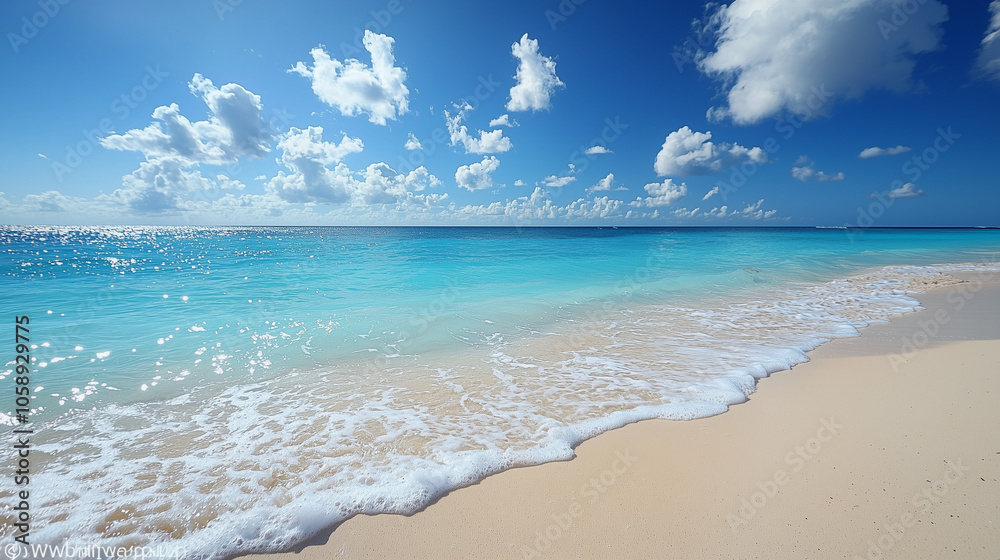 Tranquil Shoreline: A serene beachscape under a bright blue sky with fluffy white clouds. Gentle waves lap at the pristine shoreline, inviting relaxation and escape. Tranquil Shoreline: A serene beachscape under a bright blue sky with fluffy white clouds. Gentle waves lap at the pristine shoreline, inviting relaxation and escape.