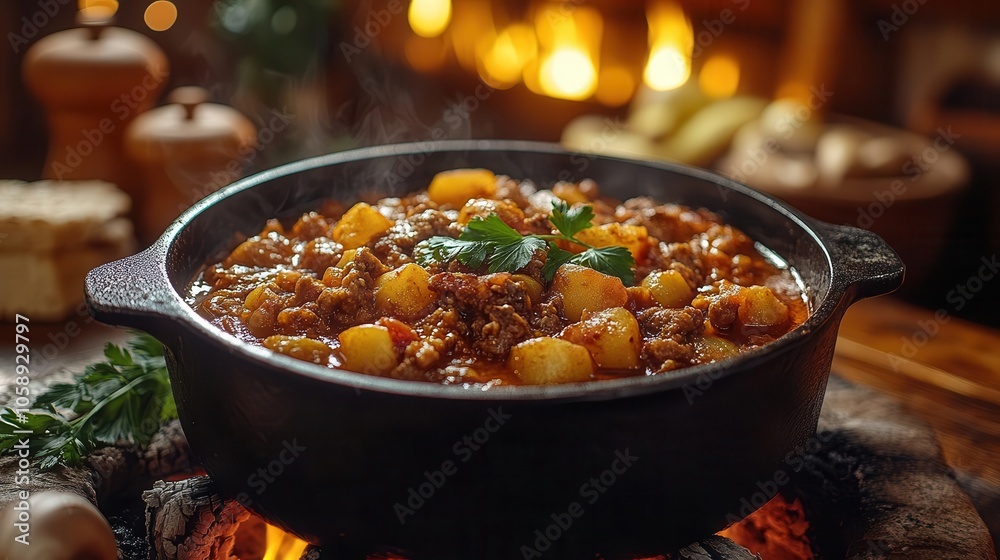rustic hungarian goulash simmering in a cast iron pot over open flames, surrounded by fresh ingredients and earthy textures, bringing forth a warm, inviting atmosphere of traditional campfire cooking rustic hungarian goulash simmering in a cast iron pot over open flames, surrounded by fresh ingredients and earthy textures, bringing forth a warm, inviting atmosphere of traditional campfire cooking