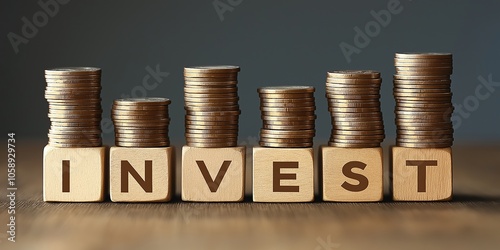 Wallpaper Mural Stacks of coins spell out "INVEST" on wooden blocks, symbolizing financial growth and wealth accumulation in a simple, compelling way. Torontodigital.ca