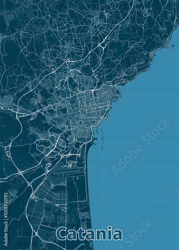 Map of Catania, Italy, showcasing the city's street network, major roads, and coastline. The map features a gray background, highlighting the city's layout and proximity to the sea.