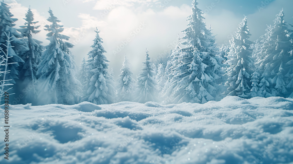 Naklejka premium Snowfall in a Winter Forest: A Beautiful Landscape with Snow-Covered Fir Trees and Snowdrifts, Perfect for a Merry Christmas and Happy New Year Greeting with Copy Space