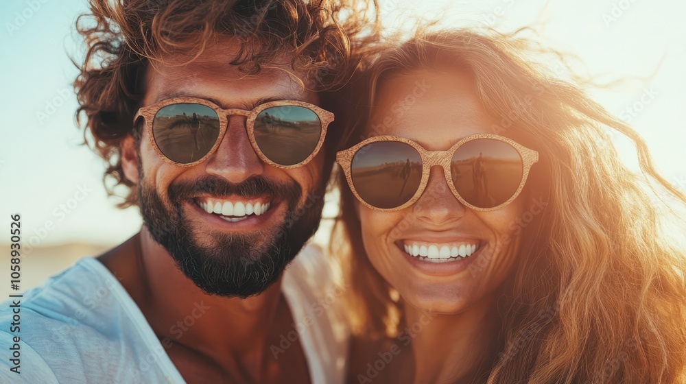 A smiling man and woman wearing matching sunglasses, are captured in the warm sunlight, suggesting a playful mood with a sense of unity and style. A smiling man and woman wearing matching sunglasses, are captured in the warm sunlight, suggesting a playful mood with a sense of unity and style.