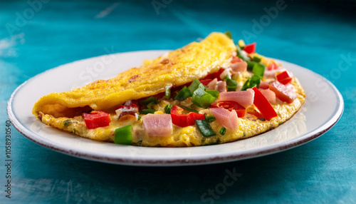 Western omelet with green and red peppers, onions, ham, and cheese, on a plate. photo