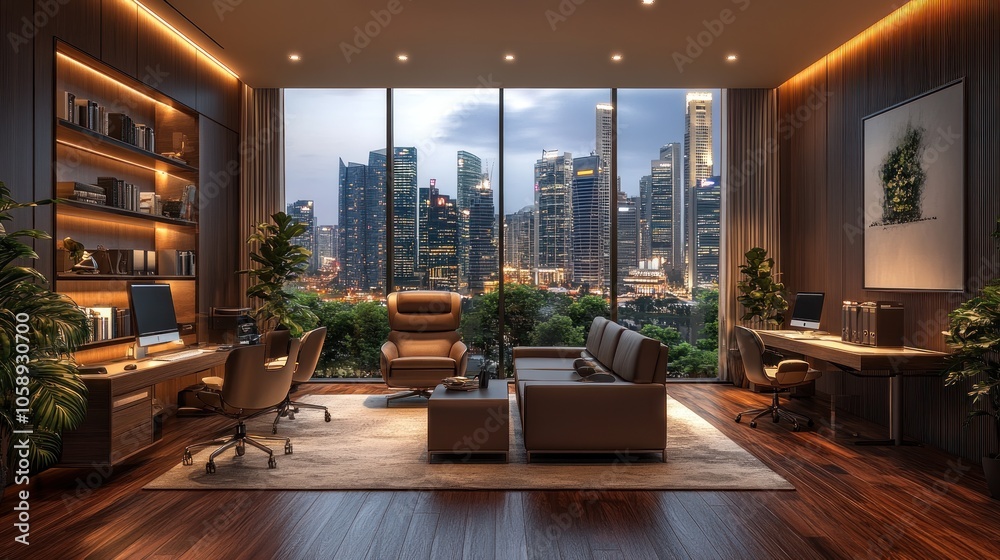 A modern home office with large windows overlooking a cityscape. A modern home office with large windows overlooking a cityscape.