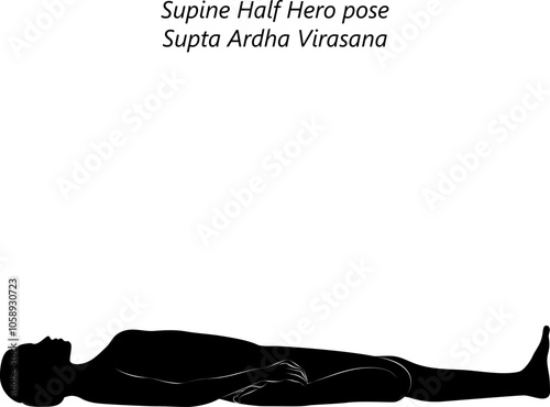 Silhouette of woman practicing Supta Ardha Virasana yoga pose. Supine Hero pose or Half Saddle pose. Isolated vector illustration
