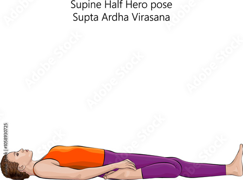 Young woman practicing Supta Ardha Virasana yoga pose. Supine Hero pose or Half Saddle pose. Intermediate Difficulty. Isolated vector illustration.