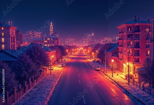 Vibrant street view at night with illuminated buildings and colorful city lights 