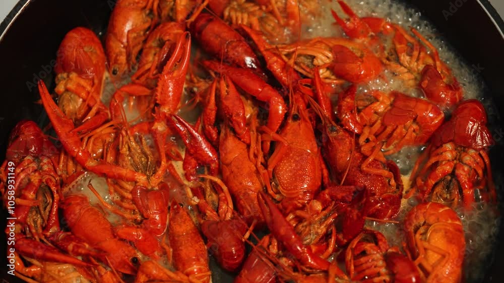 Fresh Crayfish Frying in Pan, Showcasing Culinary Delicacy Being Prepared in Warm Kitchen Setting. Close-up of summer gourmet crawfish. River crayfish are boiling in wok Fresh Crayfish Frying in Pan, Showcasing Culinary Delicacy Being Prepared in Warm Kitchen Setting. Close-up of summer gourmet crawfish. River crayfish are boiling in wok