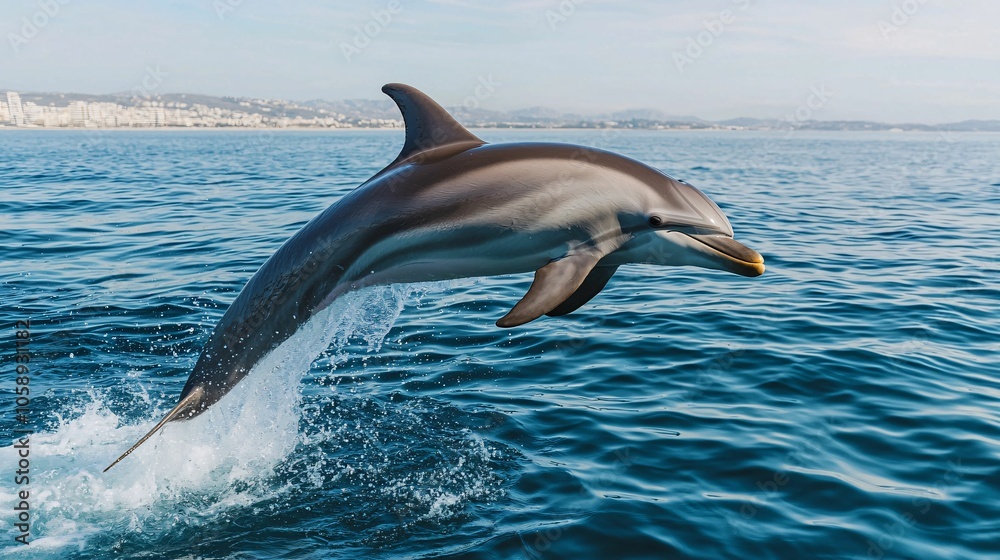 Fototapeta premium A dolphin leaps gracefully from the ocean, showcasing its agility above the shimmering waves under a clear sky.