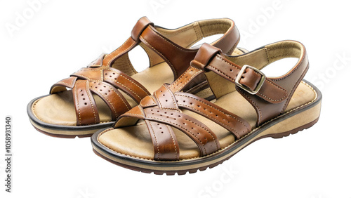 Brown leather men's sandals with adjustable straps and cushioned soles isolated on transparent background photo