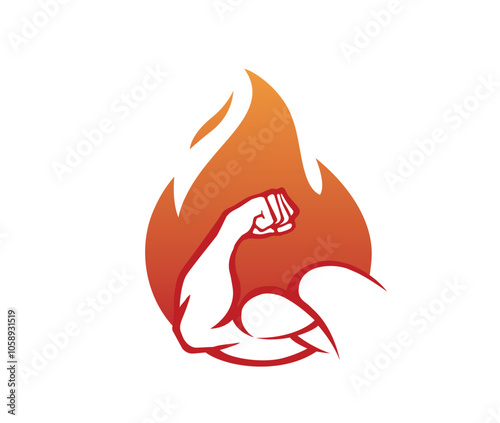 creative bicep muscle and fire flame logo vector icon symbol	
