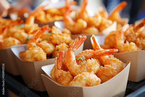 Snacks at catering events consisting of fried shrimp and scallops photo