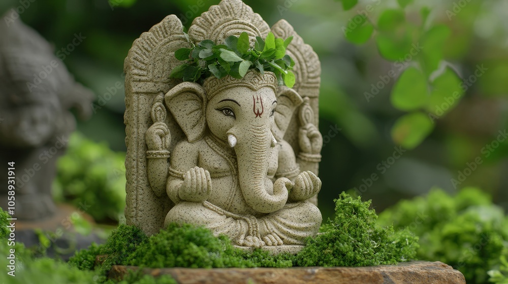 Ganesha Statue in Lush Green Foliage Hindu Deity Spiritual Meditation Symbol Ind Ganesha Statue in Lush Green Foliage Hindu Deity Spiritual Meditation Symbol Ind