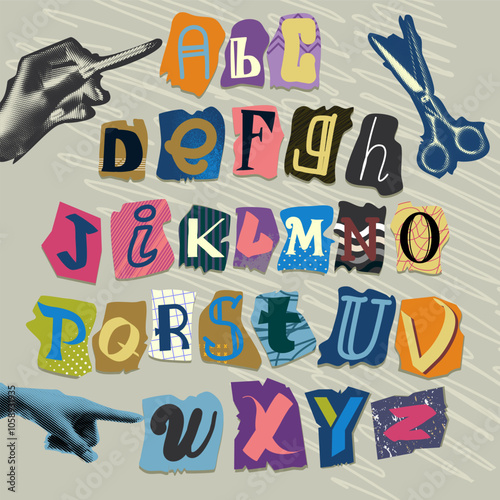 Letter newspaper. Alphabet font magazine made of cut paper. Cutout collage with text. News typography. Old halftone sticker. Uppercase symbols. Newsletter hand. Vector retro alphabetical icons set