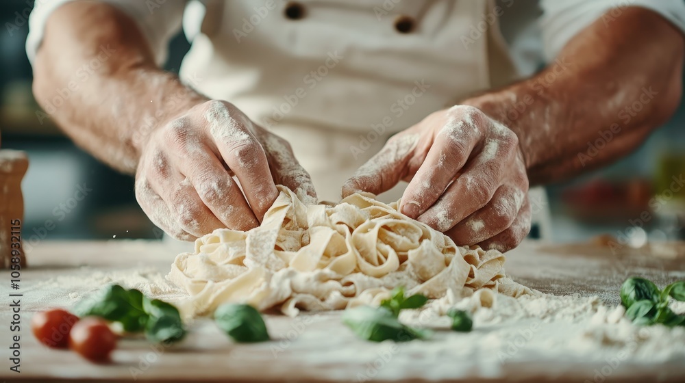 A chef gently handles freshly made pasta dough in a kitchen setting, showcasing an intimate moment of dedication and culinary mastery. A chef gently handles freshly made pasta dough in a kitchen setting, showcasing an intimate moment of dedication and culinary mastery.