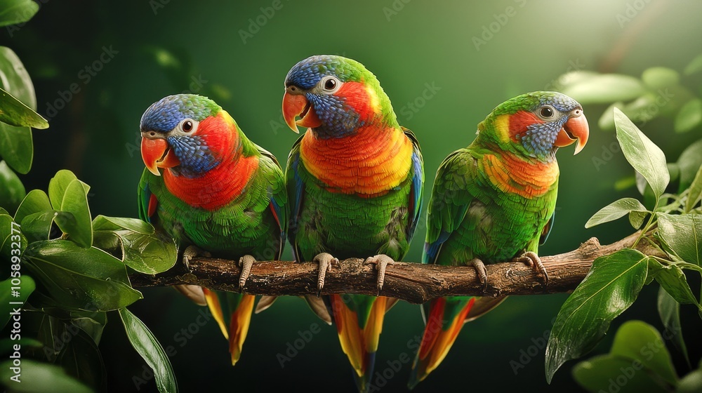 Stunning Close up of Vibrant Rainbow Lorikeets Perched on Branch in Lush Foliage Stunning Close up of Vibrant Rainbow Lorikeets Perched on Branch in Lush Foliage