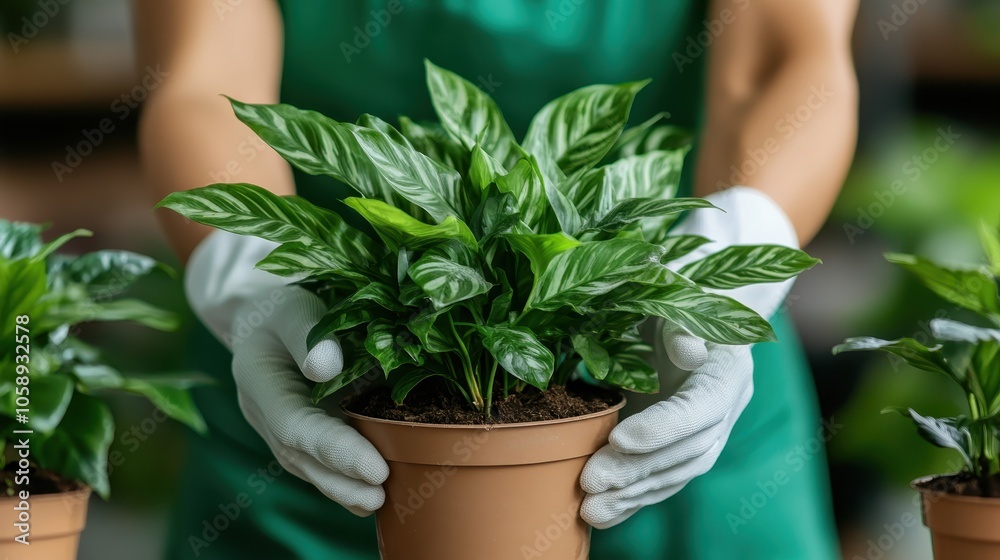 A person in a green apron delicately tends a pot of lush green plants, focusing on growth, care, and the balance between man and nature in an indoor setting. A person in a green apron delicately tends a pot of lush green plants, focusing on growth, care, and the balance between man and nature in an indoor setting.