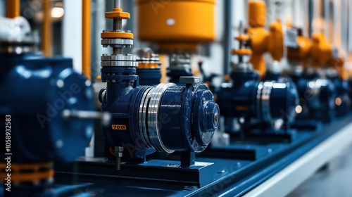 Industrial machinery with blue centrifugal pumps and orange components in a factory setting, showcasing advanced engineering and mechanical equipment arrangement.