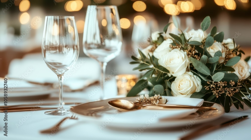 A sophisticated dining table setup featuring elegant wine glasses, fine cutlery, and a lush floral arrangement in a softly lit, bokeh-rich ambiance. A sophisticated dining table setup featuring elegant wine glasses, fine cutlery, and a lush floral arrangement in a softly lit, bokeh-rich ambiance.