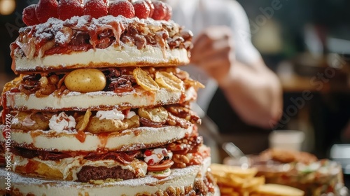 A meticulously crafted cake showcasing a combination of sweet and savory flavors, featuring layers of potatoes, meats, and whipped toppings topped with fresh berries. photo