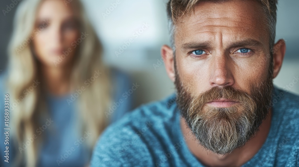 A man with a thoughtful expression is in focus, while a woman remains blurred in the background, symbolizing contemplation and emotional depth within the scene. A man with a thoughtful expression is in focus, while a woman remains blurred in the background, symbolizing contemplation and emotional depth within the scene.
