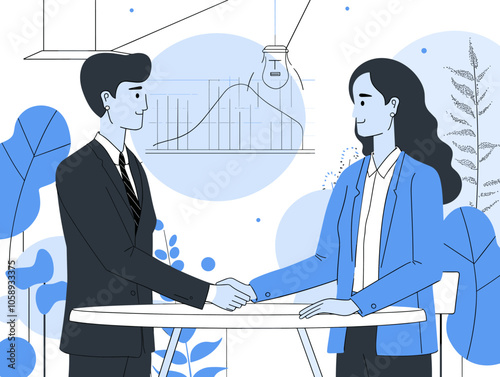 Man and a woman shaking hands in a business setting. The man is wearing a suit and tie, and the woman is wearing a blue jacket. Concept of professionalism and formality