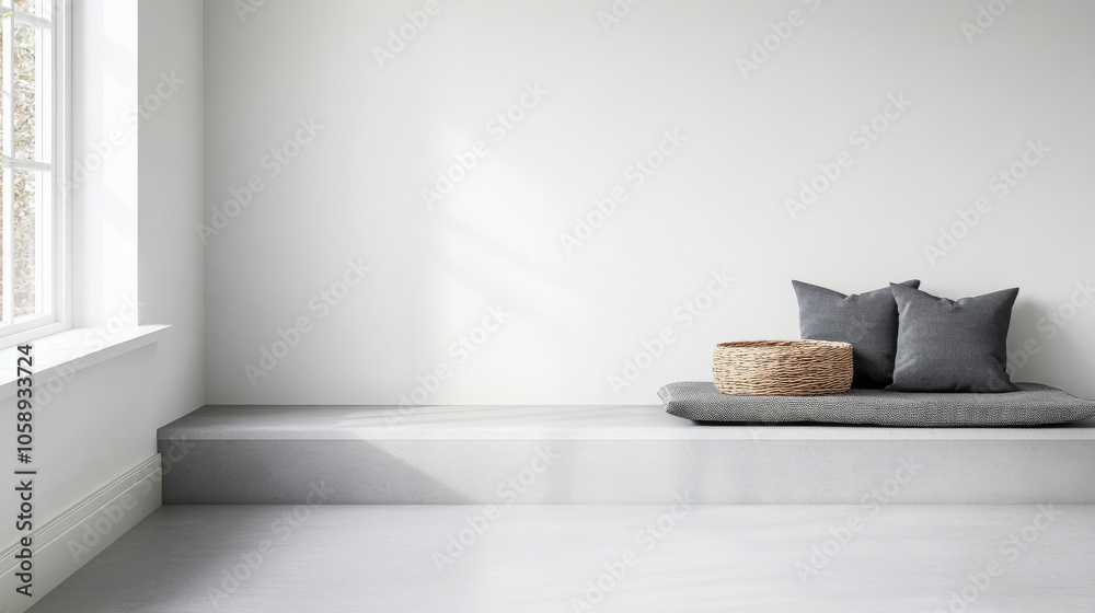 Cozy minimalistic interior design featuring a grey cushion and decorative basket in bright space Cozy minimalistic interior design featuring a grey cushion and decorative basket in bright space