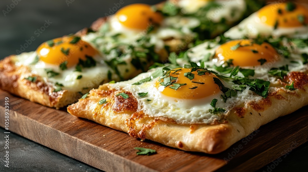 A rustic wooden board holding bread slices adorned with perfectly cooked sunny side-up eggs, garnished with fresh herbs, inviting and flavorful presentation. A rustic wooden board holding bread slices adorned with perfectly cooked sunny side-up eggs, garnished with fresh herbs, inviting and flavorful presentation.