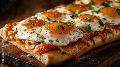 A rectangular serving of bread topped with delicious fried eggs and herbs sits beautifully on a rustic wooden board, creating a perfect meal presentation.