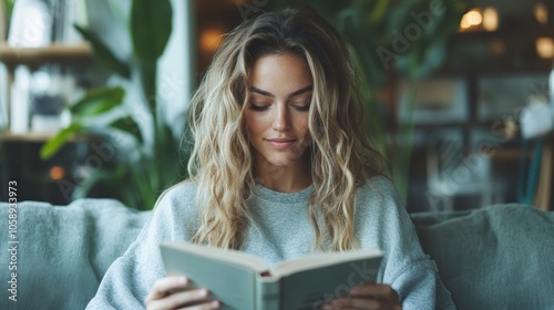 Seated comfortably, a woman with flowing hair reads a book, surrounded by nature's greenery, reflecting moments of relaxation and peaceful solitude.