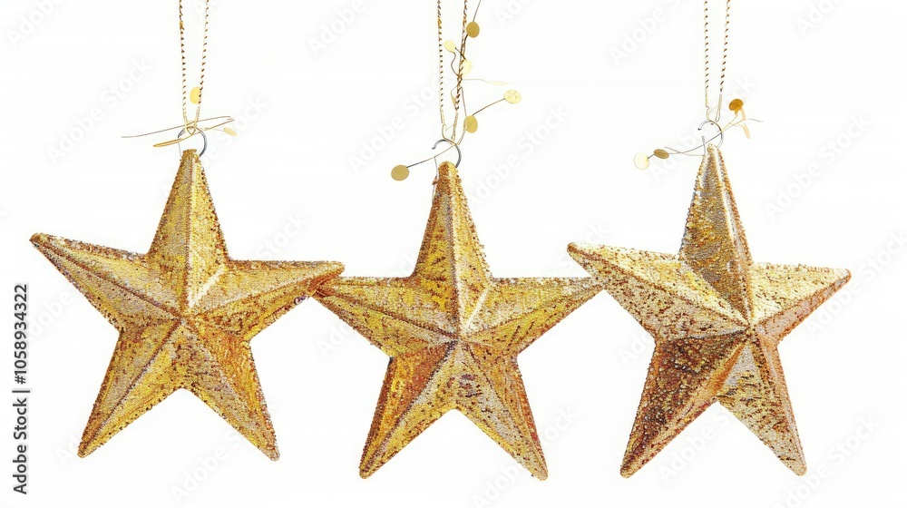 Golden stars hanging on a white background Golden stars hanging on a white background