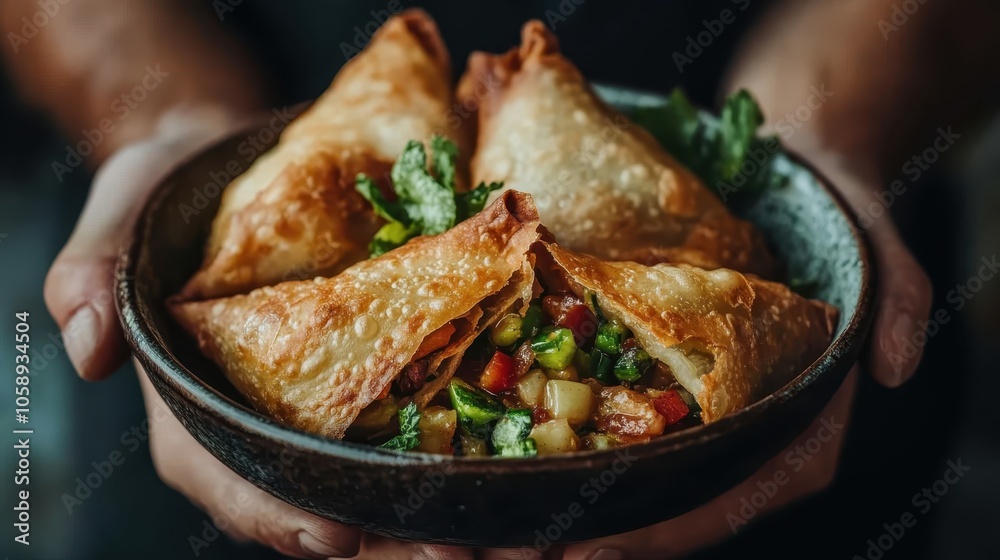 A close-up shot of crispy samosas, stuffed with a vibrant medley of colorful mixed vegetables, creating a delightful fusion of textures and flavors in a bowl. A close-up shot of crispy samosas, stuffed with a vibrant medley of colorful mixed vegetables, creating a delightful fusion of textures and flavors in a bowl.