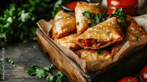 A delicious tray of golden brown samosas garnished with sprigs of fresh green parsley, offering a tantalizing visual treat of this popular and savory snack. photo