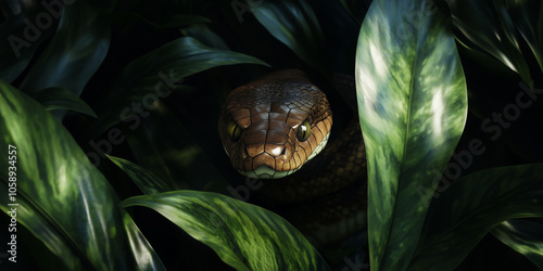 A hyper-realistic illustration of a snake, surrounded by green leaves