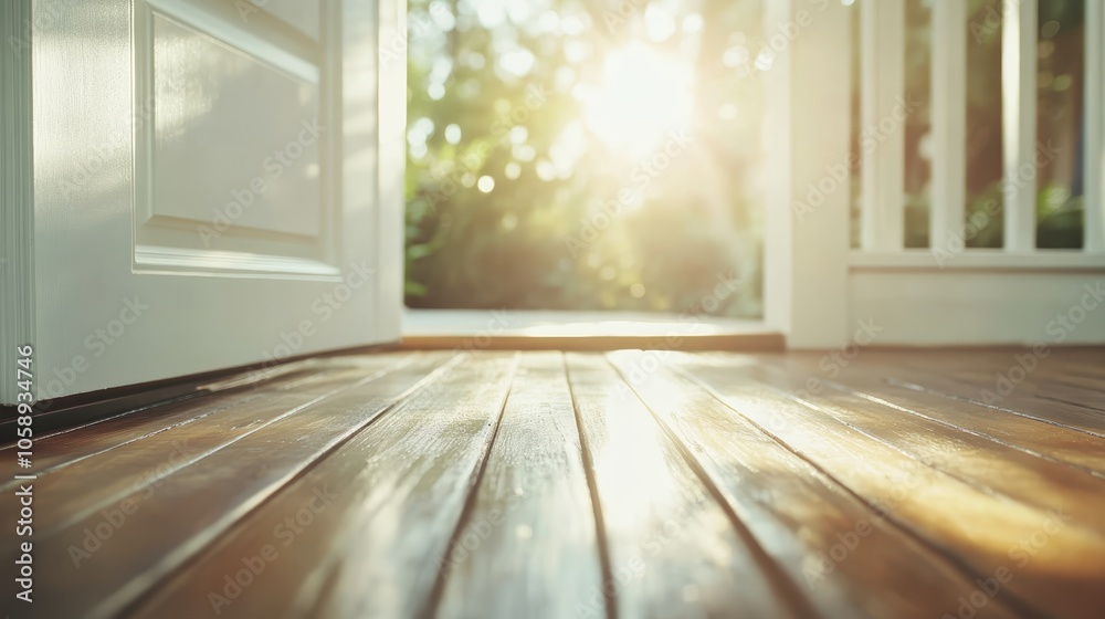 A white door opens to a sunlit porch, with warm sunlight on the wooden floorboards creating a welcoming and serene ambiance in the morning light. A white door opens to a sunlit porch, with warm sunlight on the wooden floorboards creating a welcoming and serene ambiance in the morning light.
