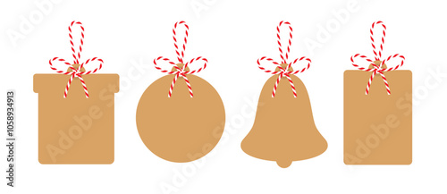 Set blank Christmas New Year tags (tree ball, gift box, bell) with bow and ribbons. Kraft paper background, textbox tied up with cotton red rope bakers twine. Packing string for present. Vector EPS10