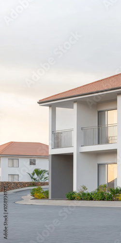 New residential building with balconies located in a suburban neighborhood at dusk